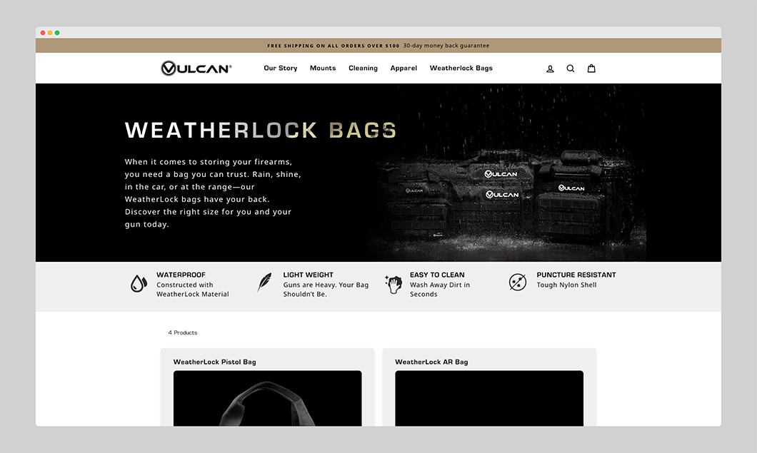 Screenshot of the Vulcan Arms Weatherlock Bags email campaign landing pagew